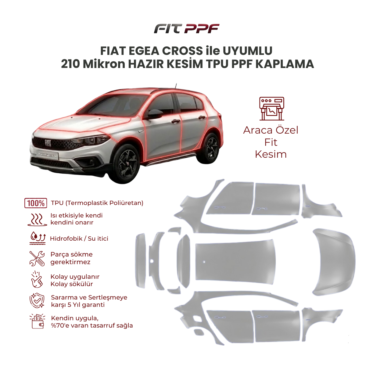 Fiat Egea Cross ile uyumlu 210 mikron tam gövde hazır kesim TPU PPF kaplama FİT PPF