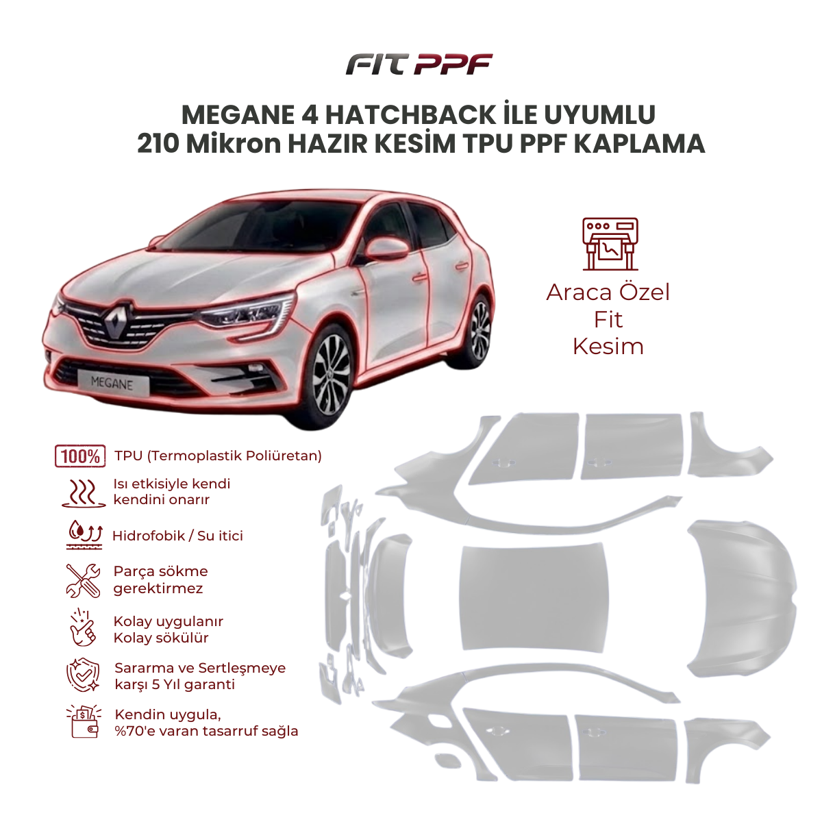 Megane 4 ile uyumlu 210 mikron tam gövde hazır kesim TPU PPF kaplama FİT PPF