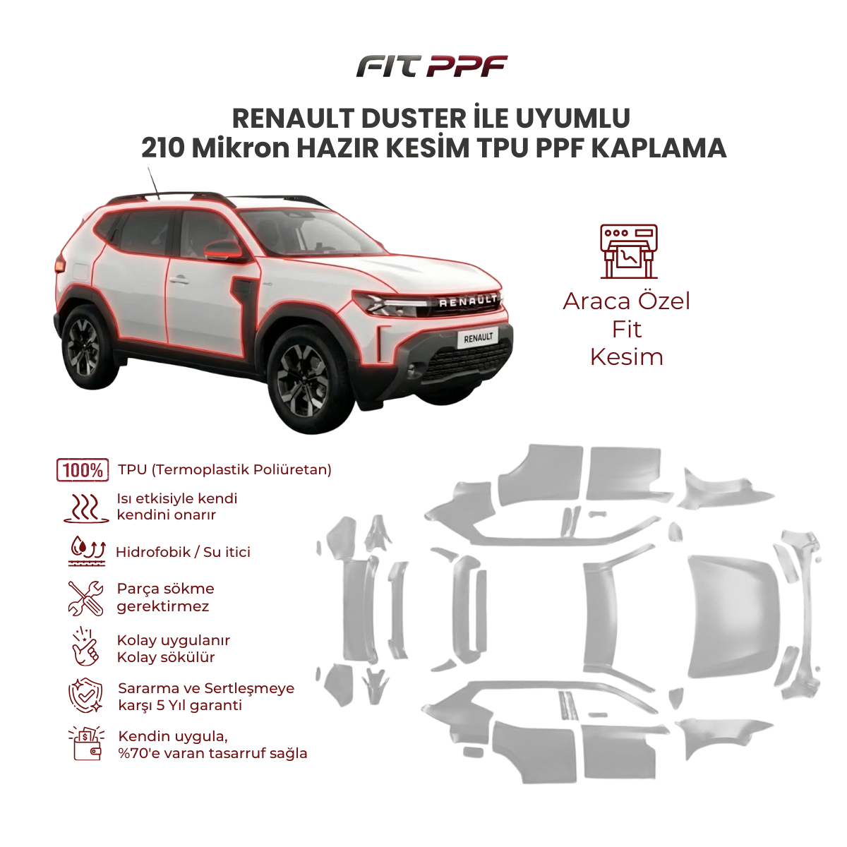 FIT PPF – Renault Megane Sedan Özel Hazır Kesim, Kendi Kendini Yenileyebilen Şeffaf Boya Koruma (Evinde Uygulayabileceğin 210 Mikron Premium TPU PPF) FİT PPF